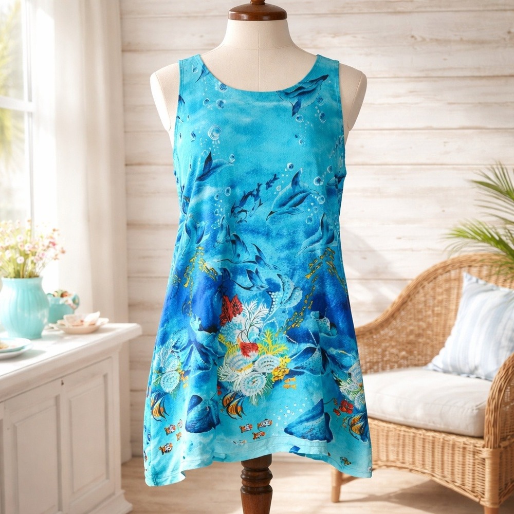 Surface L Ocean Life Print Y2K 90's Sleeveless‎ Mini Dress Women's Dolphins Rays